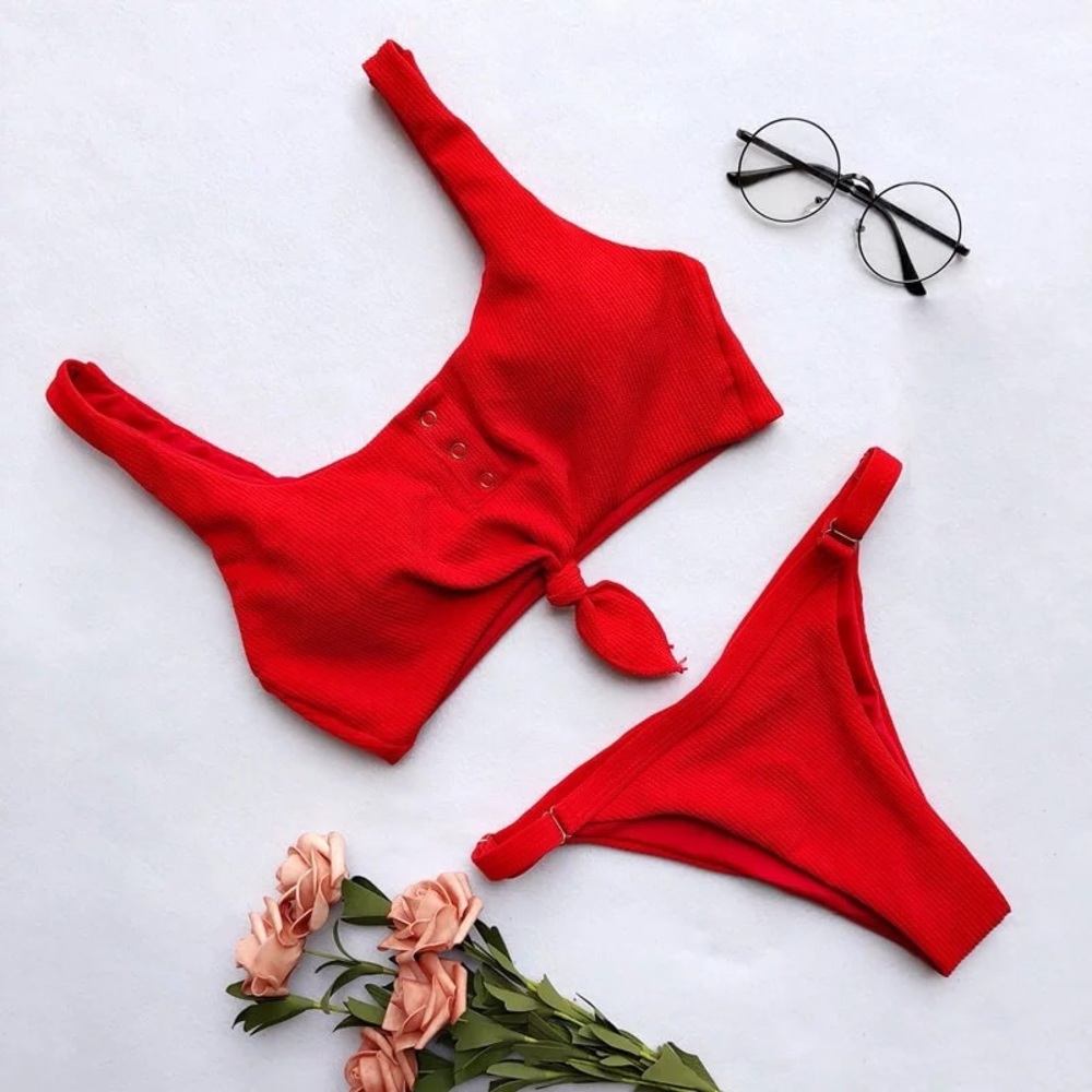 Red Knotted Tie Up Bikini Set A - Picture 2 of 3